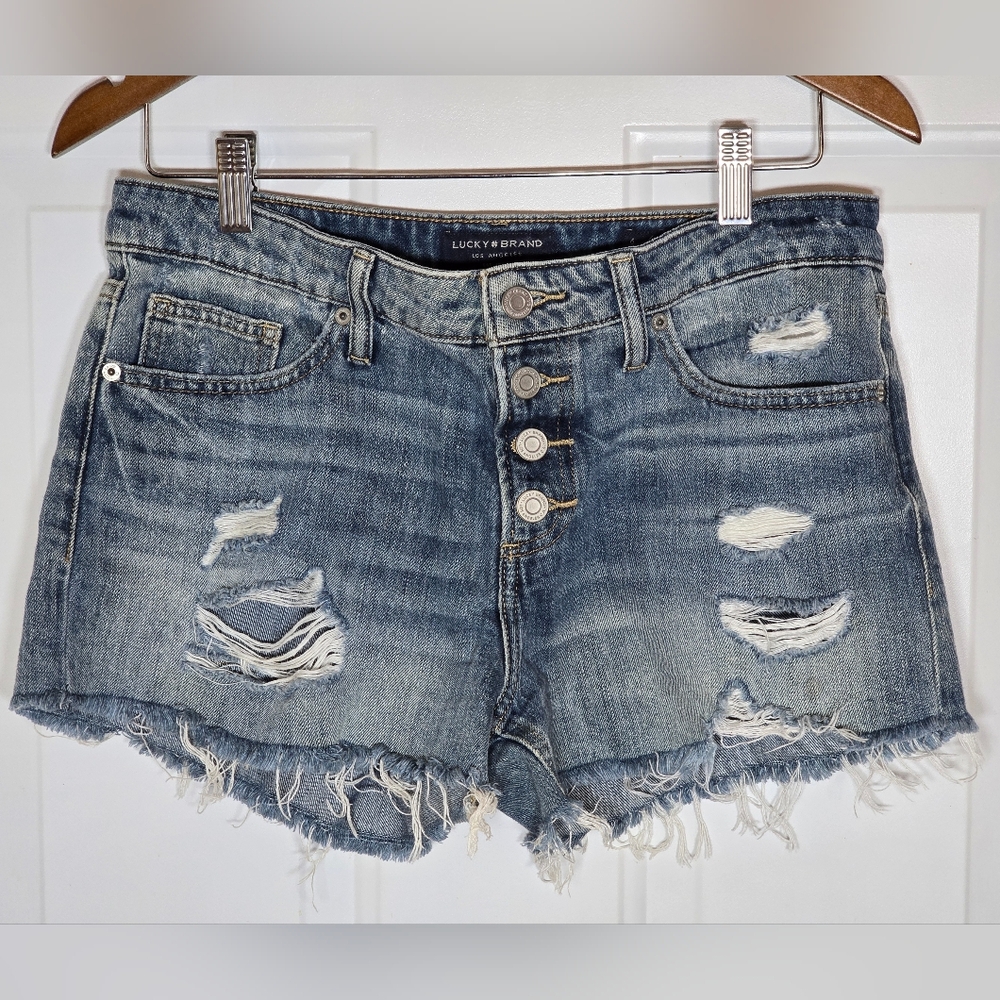 Lucky Brand Women's Blue Denim Short Shorts Distressed Button Fly Size 6